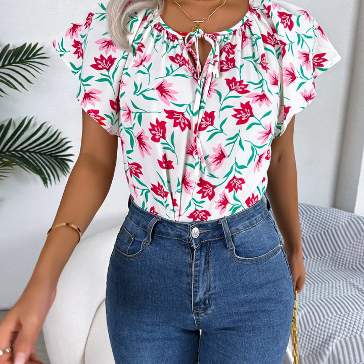 Floral Drawstring Blouse - Casual Crew Neck Short Sleeve Top