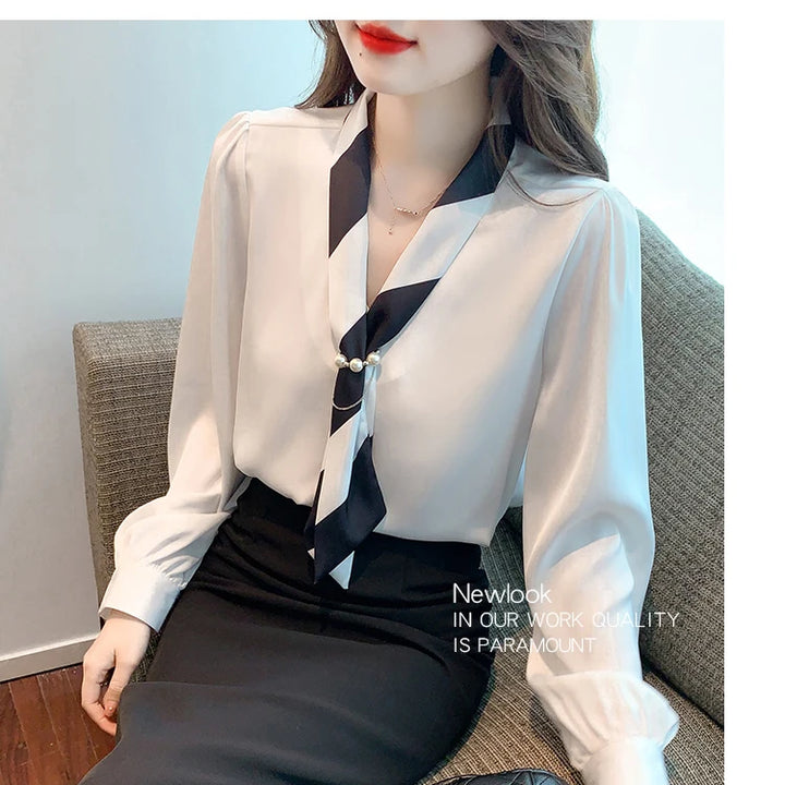 Chiffon Blouse for Women - Elegant Lace-Up V-Neck Long Sleeve Office Top