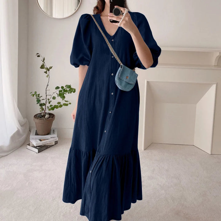 ZANZEA Oversized Denim Maxi Dress - Puff Sleeve Retro Baggy Summer Sundress