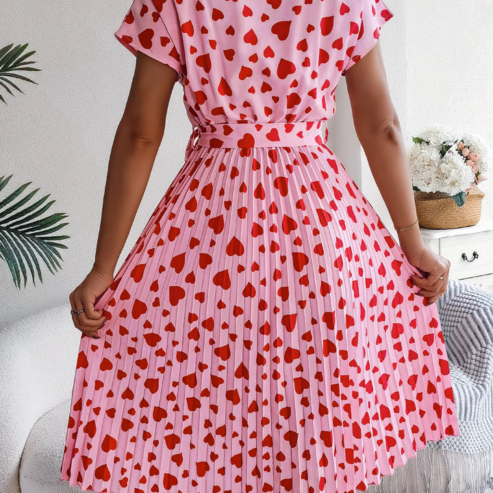 Spring Summer Elegant Love Print Dress Short Sleeve Folded Dresses