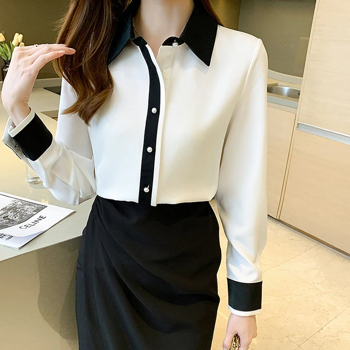 Contrast Color Single Row Pearl Buckle Office Blouse Female Shirt Long Sleeve Casual Tops Autumn Women Loose Blouses