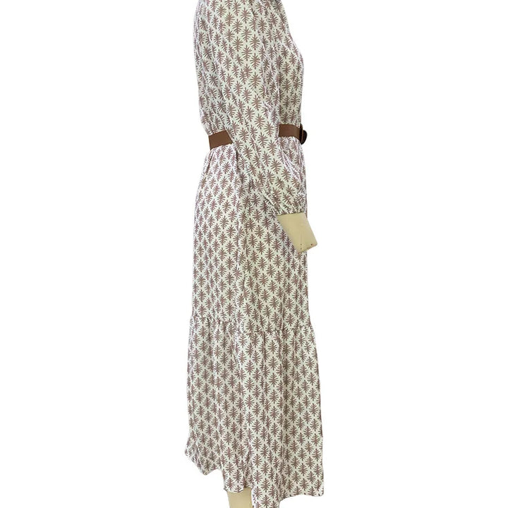 Autumn And Winter New Fashion Belt Printed V-neck Simple Temperament Long Dress