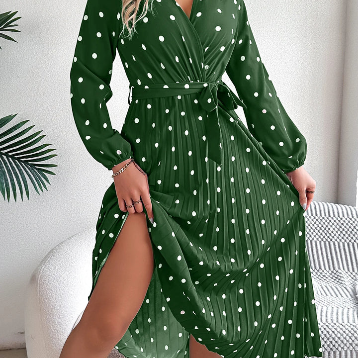 Elegant Surplice Neck Polka Dot Pleated Dress - Long Sleeve Belted