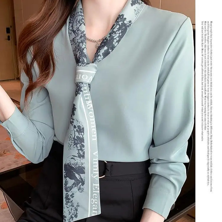 Spring Autumn Scarf Collar Shirt - Elegant Long Sleeve Office Blouse