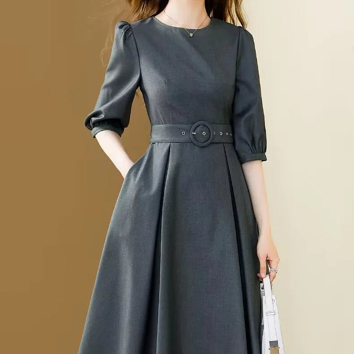 Fashionable Office Midi Dress for Women – Puff Sleeves, A-Line with Belt