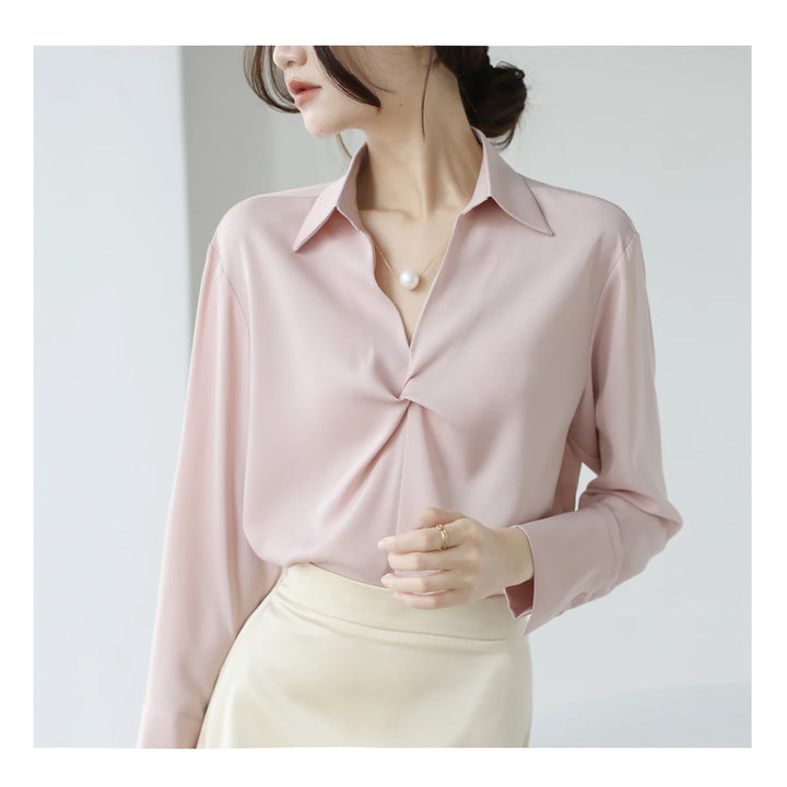 Autumn Casual Turn-Down Collar Blouse - Off-White Chiffon Long Sleeve Shirt