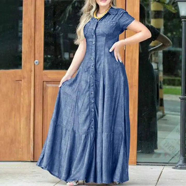 Fashionable Casual Denim Long Dress with Turn-Down Collar and Button Design