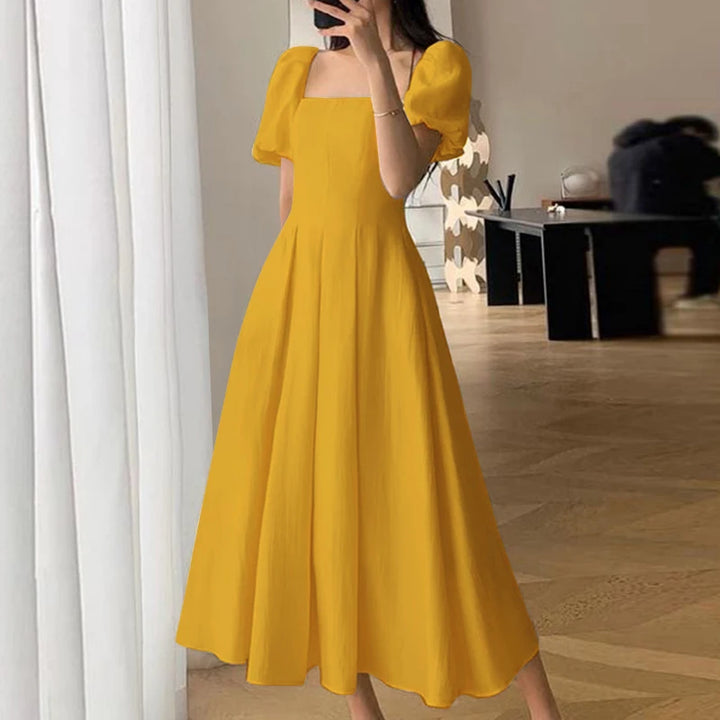 ZANZEA Elegant Puff Sleeve Swing Dress - Summer Square Collar Waisted Sundress