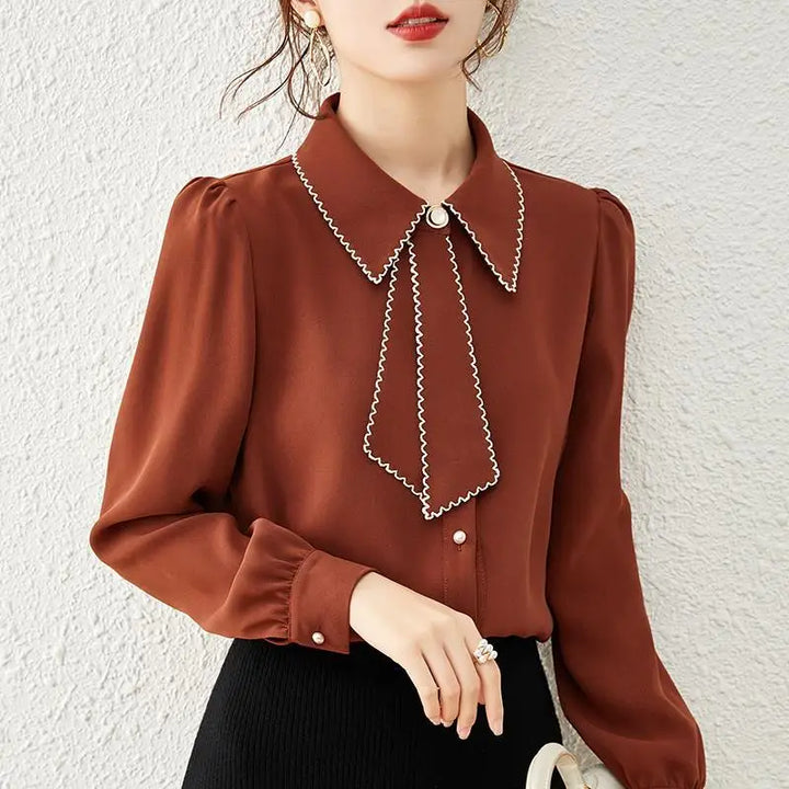 Women's Ribbon Chiffon Shirt - Patchwork French Office Workwear