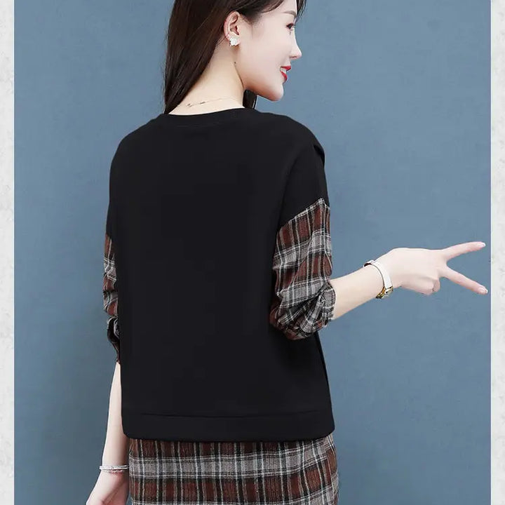 Autumn Plaid Sweatshirt - Casual Round Neck Long Sleeve Patchwork Top