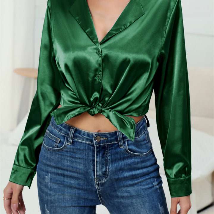 Casual Suit Collar Button Front Long sleeved Solid Color Satin Shirt For Women Blouse