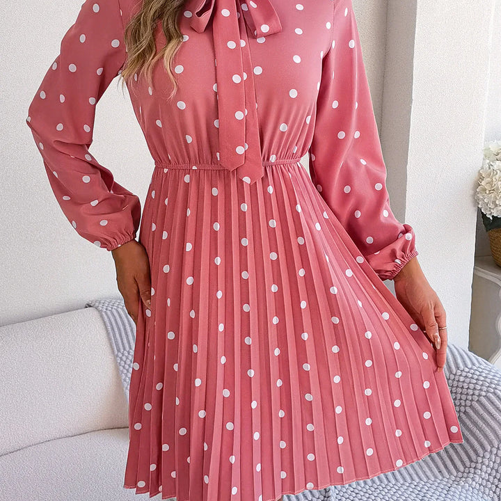 Casual Tie-neck Polka-dot Print Cinched Waist Pleat Dress For Women