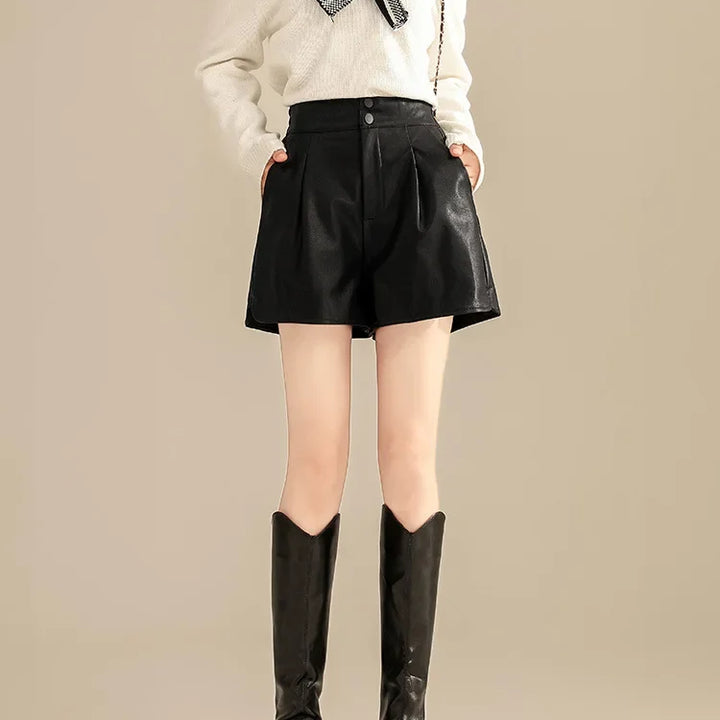 Women's High-Waisted Slimming A-Line Leather Shorts in Coffee Color