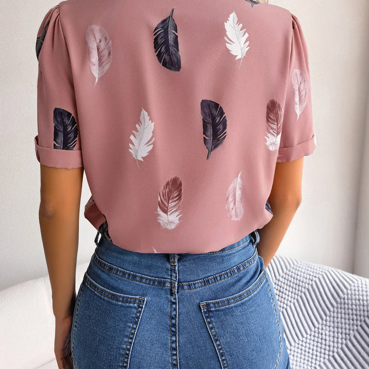 Spring Summer Casual Notched Collar Button Front Feather Printed Short Sleeved Shirt Women Blouse