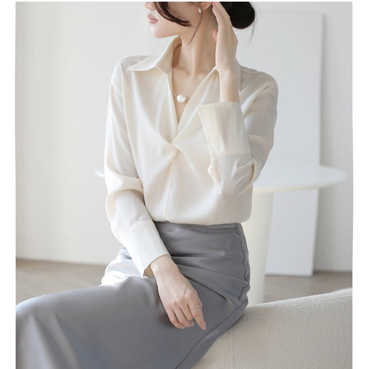 Autumn Casual Turn-Down Collar Blouse - Off-White Chiffon Long Sleeve Shirt