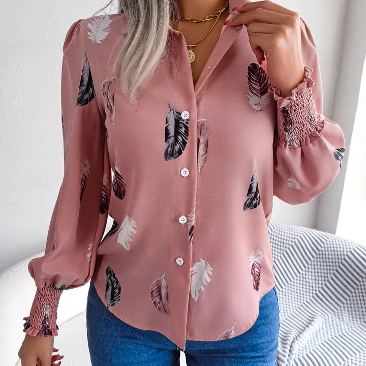 Casual Lantern Sleeve Button Front Turn Down Collar Feather Print Shirt