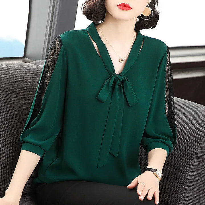 Women’s Spring Summer Blouse - Casual Bow Tie Collar Lace Sleeve Top