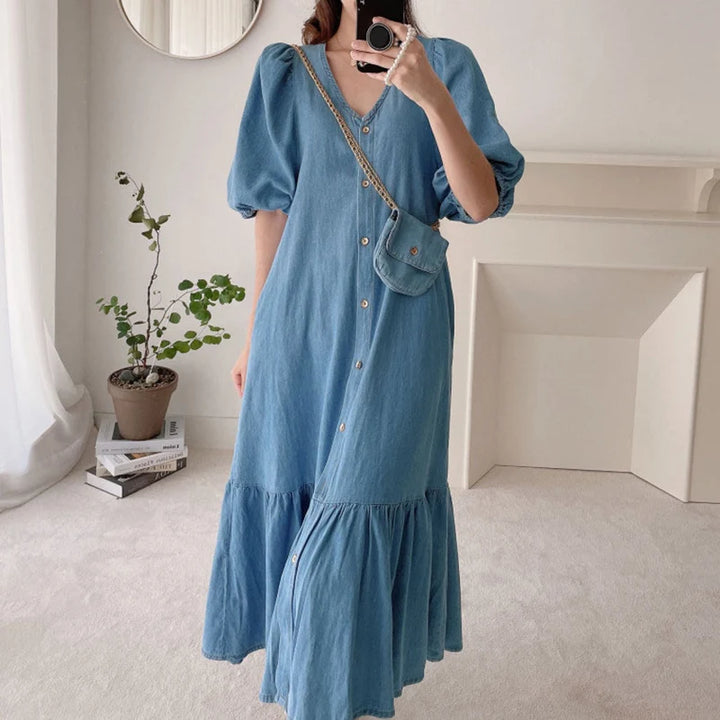 ZANZEA Oversized Denim Maxi Dress - Puff Sleeve Retro Baggy Summer Sundress