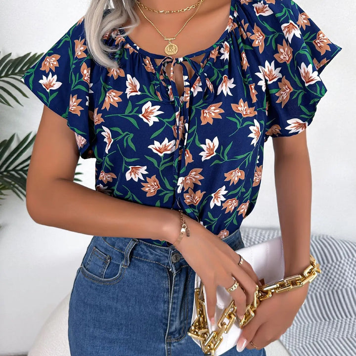 Floral Drawstring Blouse - Casual Crew Neck Short Sleeve Top