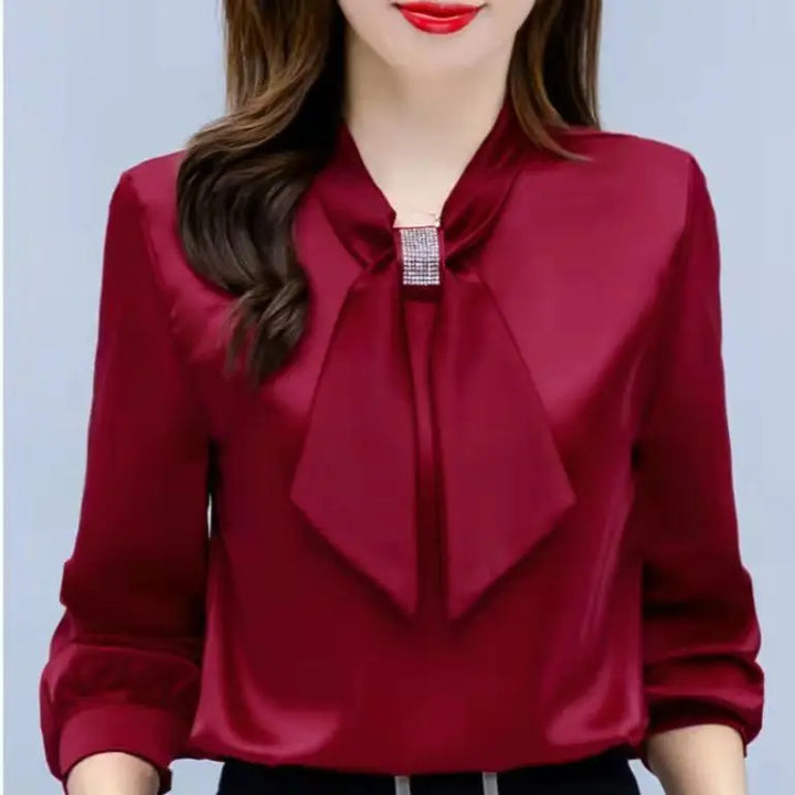 Spring & Summer Satin Shirt - Korean Fashion Bow V-Neck Long Sleeve Top