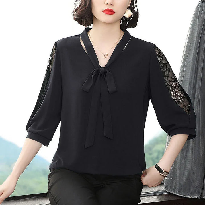 Women’s Spring Summer Blouse - Casual Bow Tie Collar Lace Sleeve Top