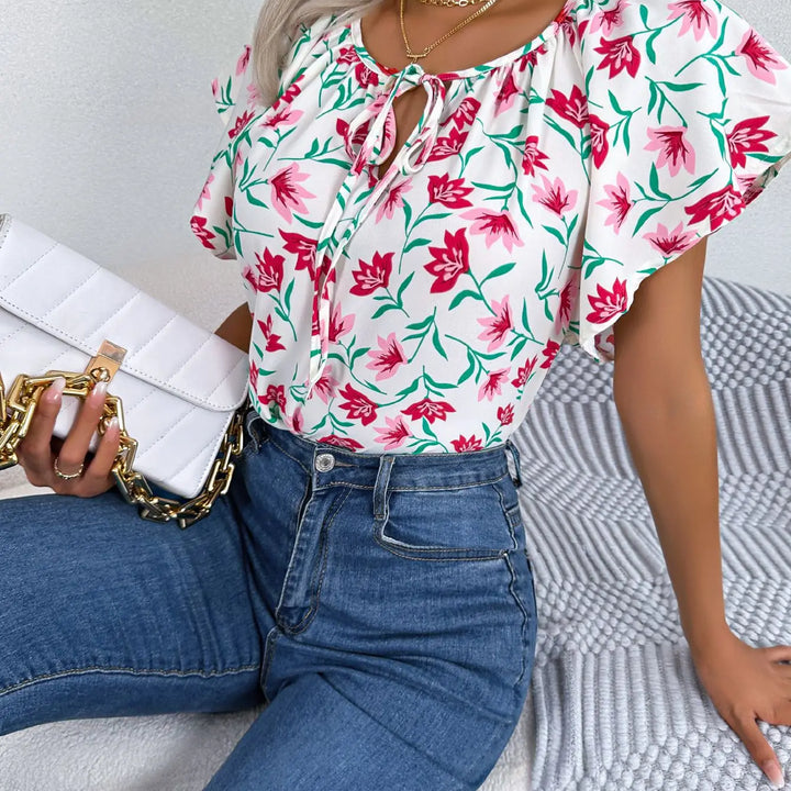 Floral Drawstring Blouse - Casual Crew Neck Short Sleeve Top