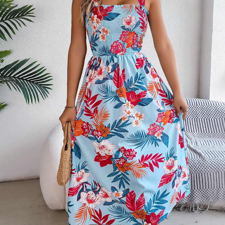 Elegant Square Neck Floral Dress - Waist-Tied Summer Vacation Outfit