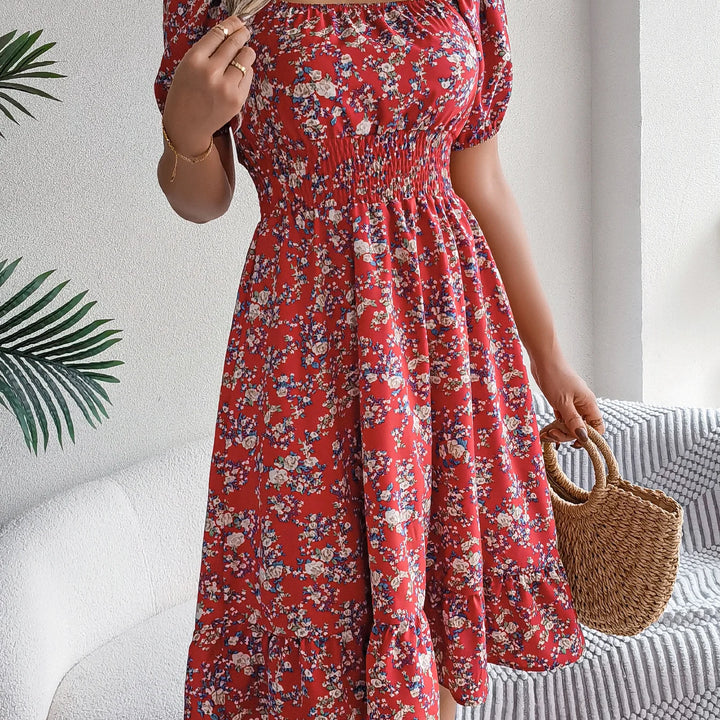 Casual Square Neck Shirred Waist Floral Print Short Sleeve Ruffle Hem Dress For Summer