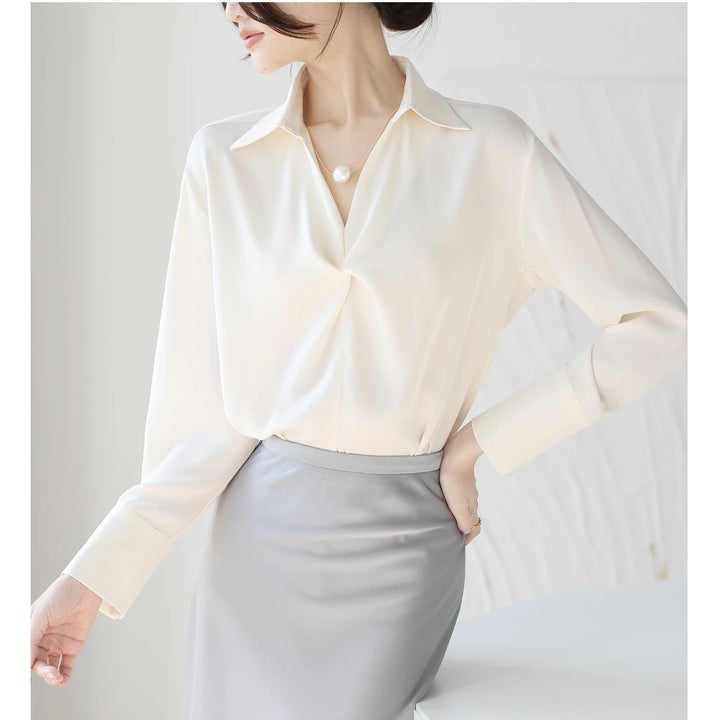 Autumn Casual Turn-Down Collar Blouse - Off-White Chiffon Long Sleeve Shirt