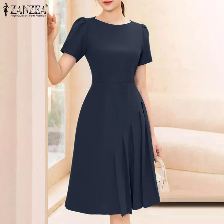 ZANZEA Women's Pleated Knee-Length Dress with Cinched Waist