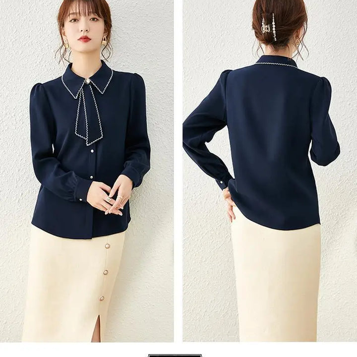 Women's Ribbon Chiffon Shirt - Patchwork French Office Workwear