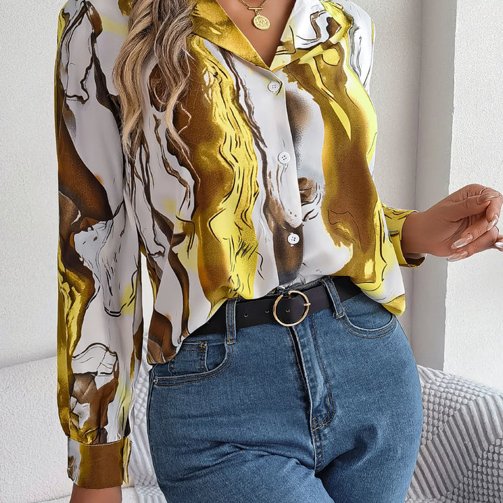 Casual All Over Print Notch Collar Button Long Sleeve Shirt