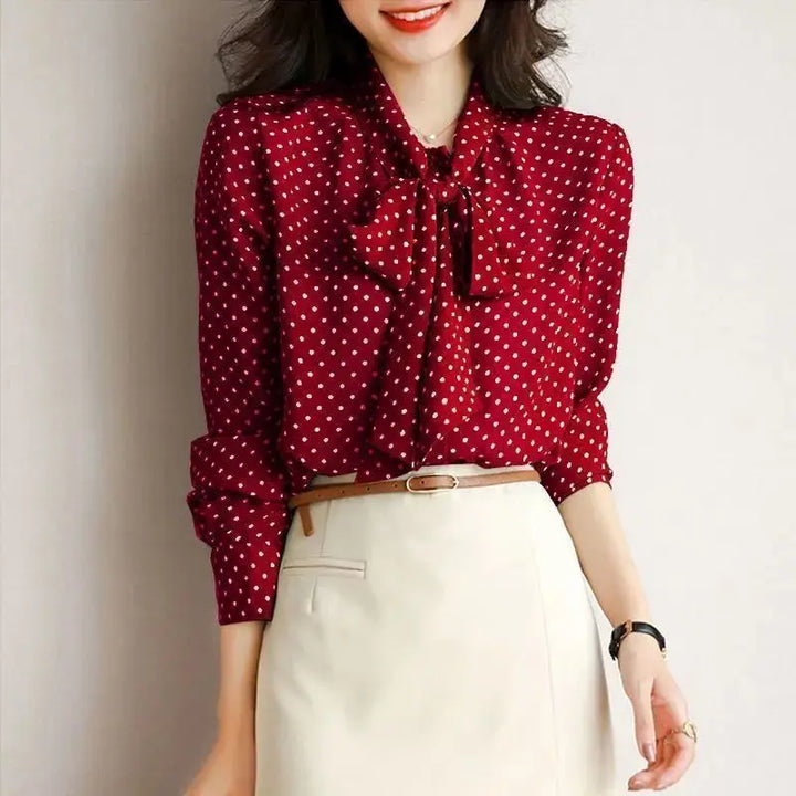 Spring Autumn Shawl Collar Blouse - Bow Polka Dot Long Sleeve Cardigan