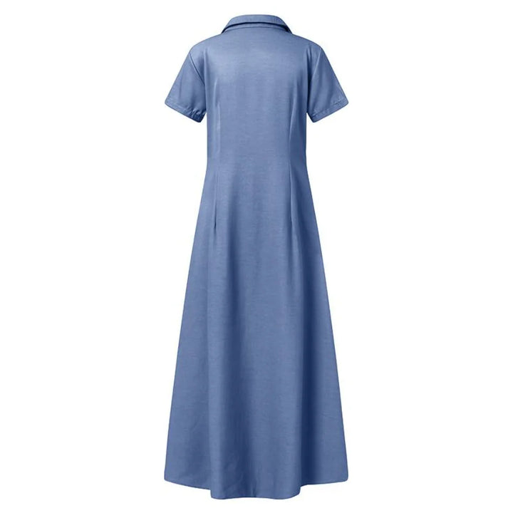 Fashionable Casual Denim Long Dress with Turn-Down Collar and Button Design