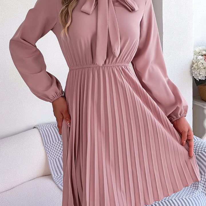 Casual Tie Front Mock Neck Long Sleeve Pleated Dress For Spring & Fall