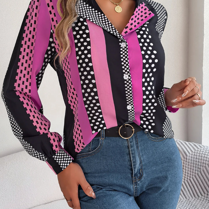 Casual Button Front Long Sleeve Stripe & Polka Dot Print Shirt, Women's Clothing