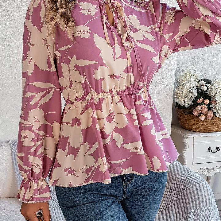 Vacation Style Tie Neck Long Sleeve Waist-tied Floral Print Blouse