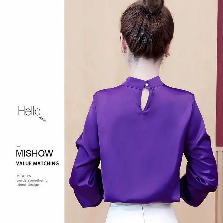 Spring & Summer Satin Shirt - Korean Fashion Bow V-Neck Long Sleeve Top