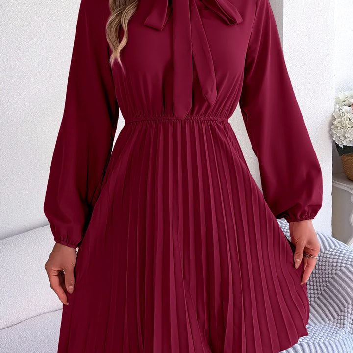 Casual Tie Front Mock Neck Long Sleeve Pleated Dress For Spring & Fall