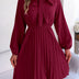 Casual Tie Front Mock Neck Long Sleeve Pleated Dress For Spring & Fall