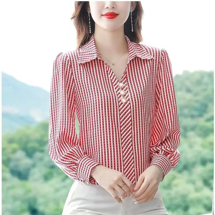 Striped Print Fashion Blouse - Elegant Office Lady Long Sleeve Shirt