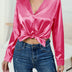 Casual Suit Collar Button Front Long sleeved Solid Color Satin Shirt For Women Blouse