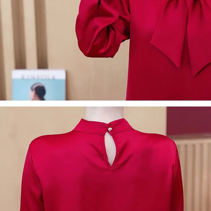 Spring & Summer Satin Shirt - Korean Fashion Bow V-Neck Long Sleeve Top