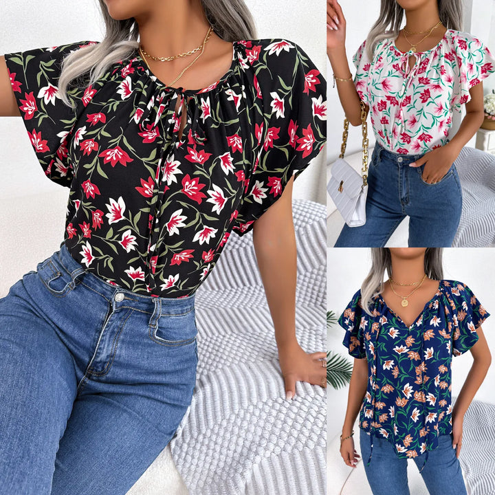 Floral Drawstring Blouse - Casual Crew Neck Short Sleeve Top