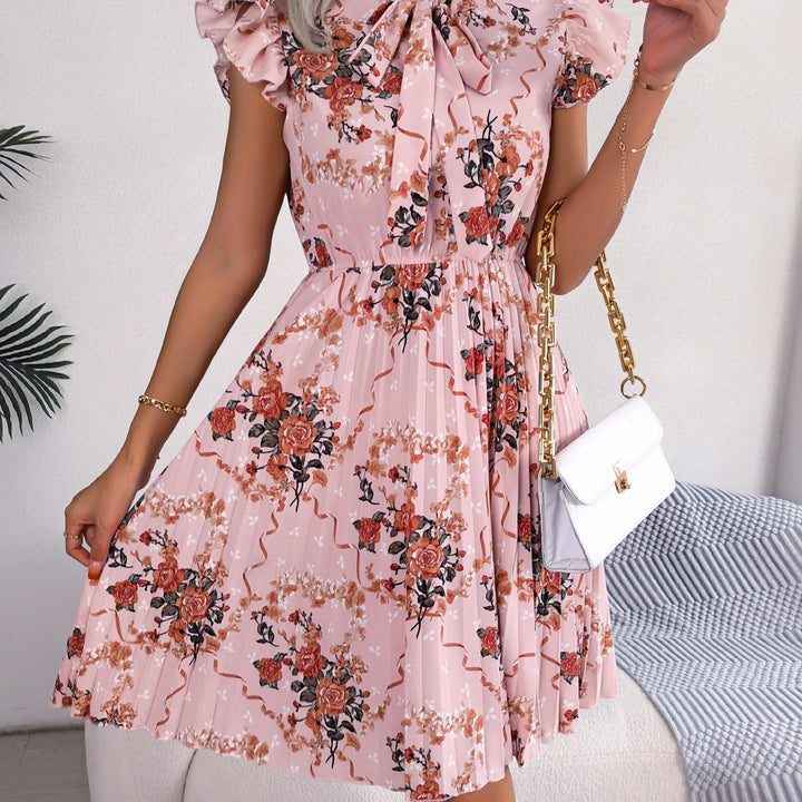 Casual Floral Print Ruffle Trim Slim Waist Pleated Dress