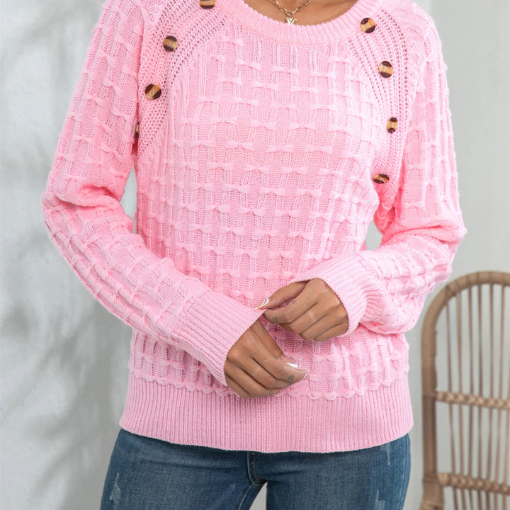 Casual Round Neck Twisted Button Sweater - Long Sleeve Knitted Pullover