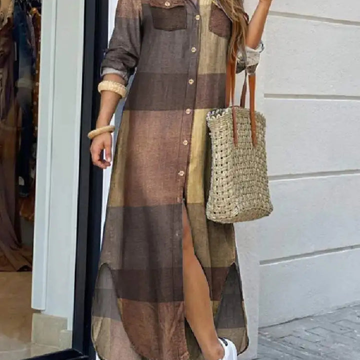 ZANZEA Autumn Vintage Plaid Maxi Dress - Elegant Long Sleeve Casual Robe