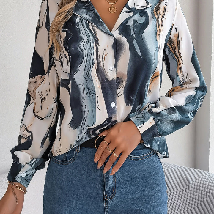 Casual All Over Print Notch Collar Button Long Sleeve Shirt