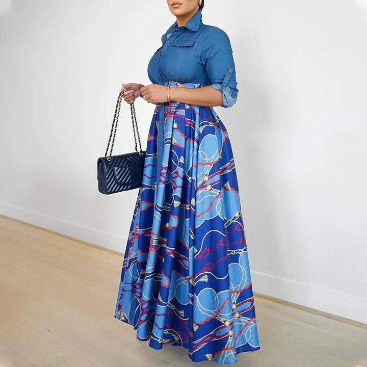 Elegant Long Denim Dress with Turn-Down Collar and Full Sleeves