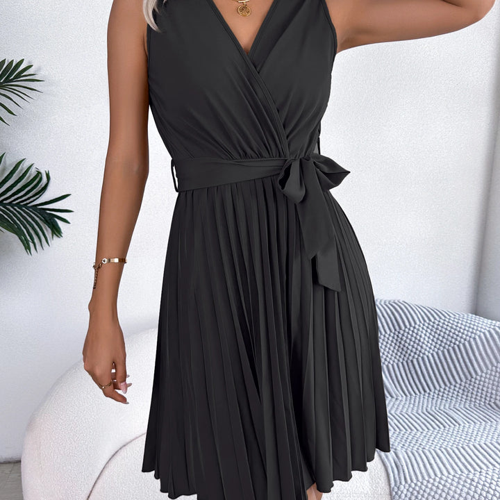 Casual V Neck Solid Sleeveless Versatile Pleated Dress, Women's Clothing